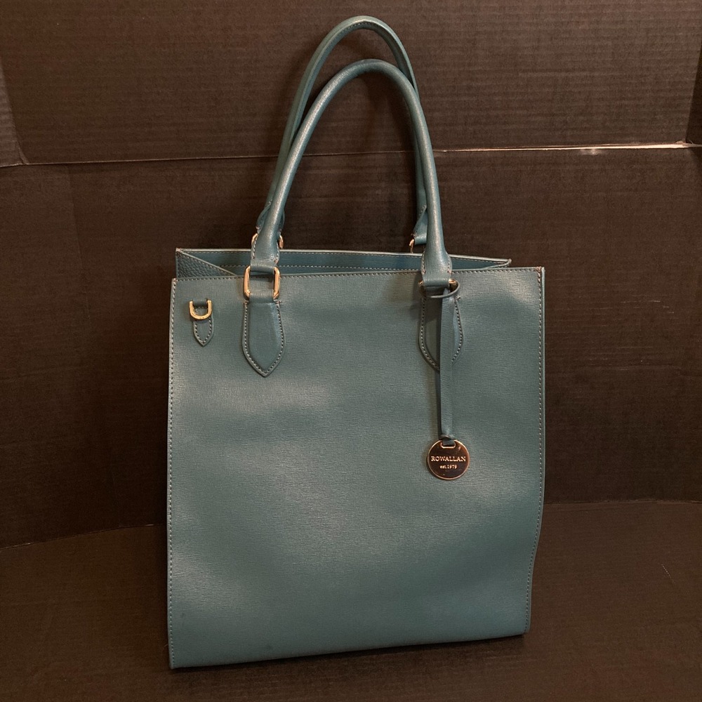 Rowallan Made in Italy Teal Leather Tote/Shoulder Bag, Red Suede Interior, 14"
